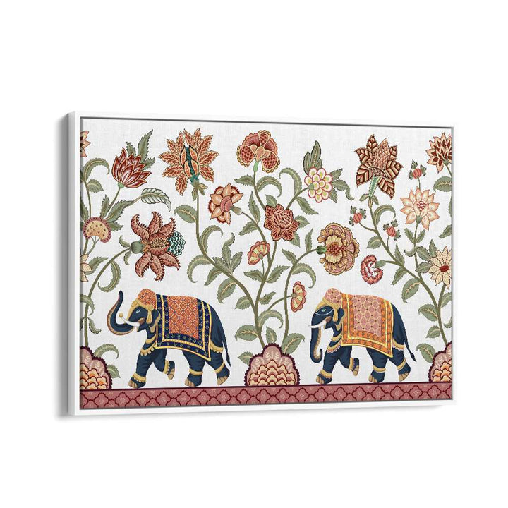 Floral Serenade Elephant's Symphony showcases vibrant elephants and intricate floral designs in Indian art paintings.