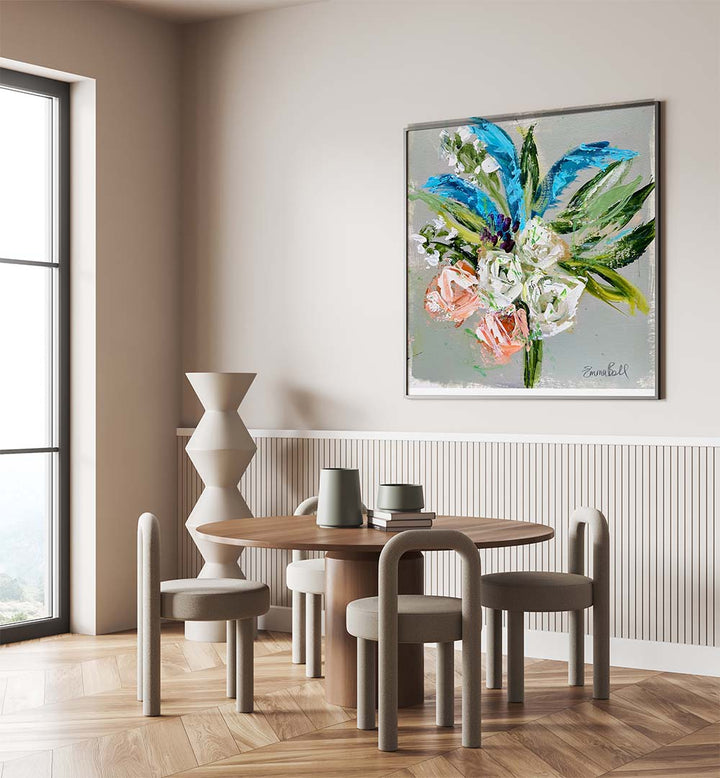 Bright and vibrant FLORAL BOUQUET IN BLUE, floral flower paintings that enhance any contemporary space elegantly.