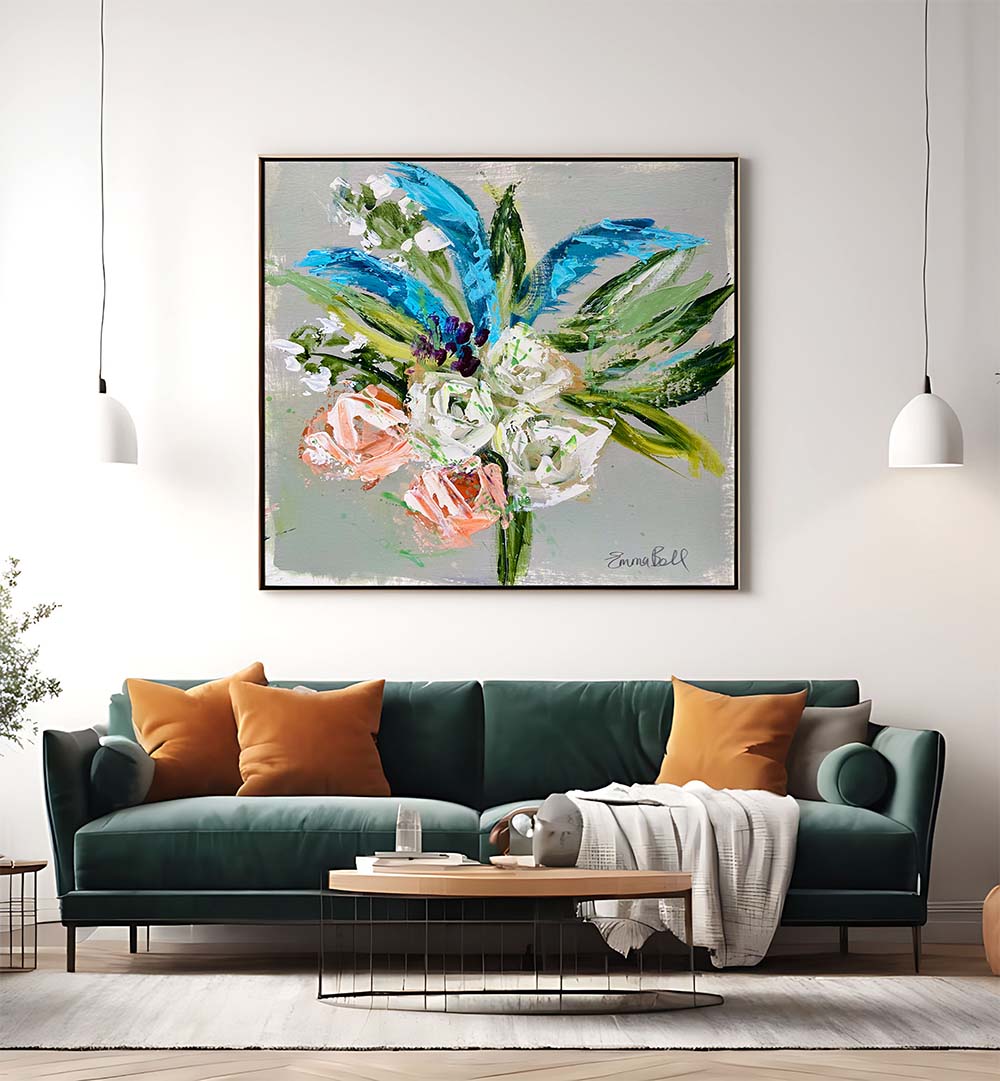 Vibrant FLORAL BOUQUET IN BLUE, FLORAL FLOWER PAINTINGS enhancing modern interiors with abstract floral beauty.