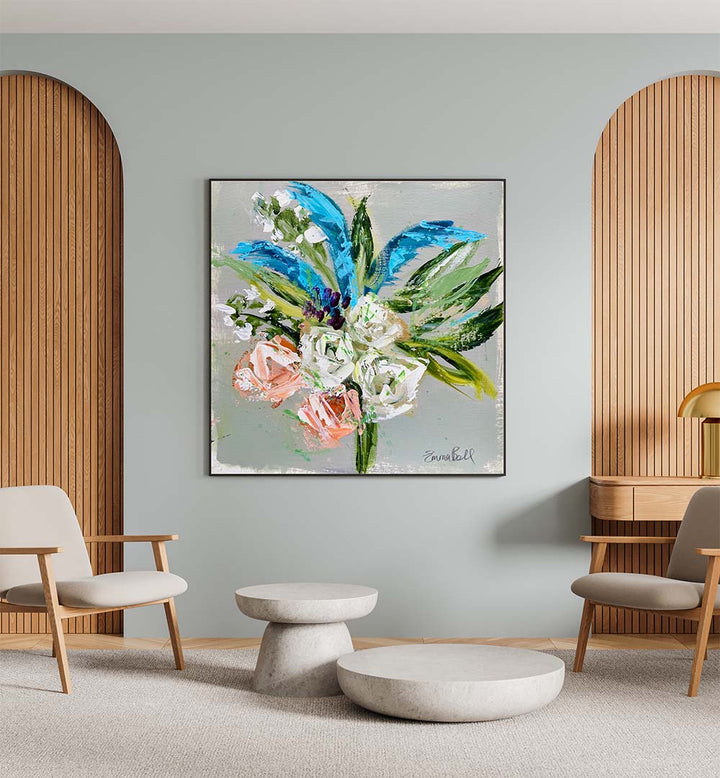 Bright and vibrant FLORAL BOUQUET IN BLUE , FLORAL FLOWER PAINTINGS enhance contemporary home decor beautifully.