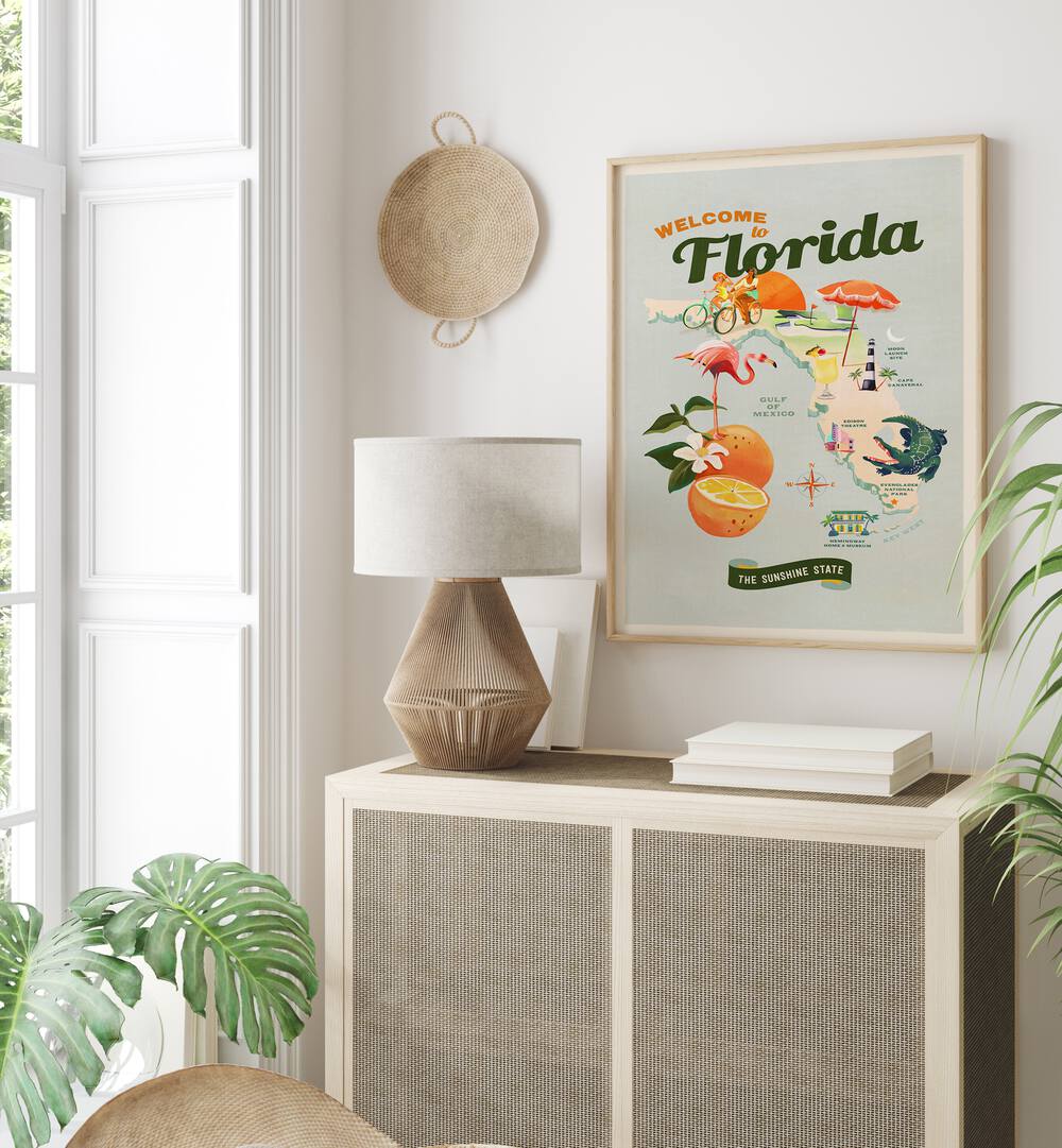 Colorful FLORIDA , TRAVEL POSTERS showcasing the Sunshine State's iconic landscapes and culture in a stylish room setting.