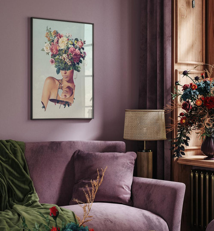 Flower Ism Surreal Painting, Surreal Art, showcases a vibrant floral headpiece on a woman, enhancing any space beautifully.