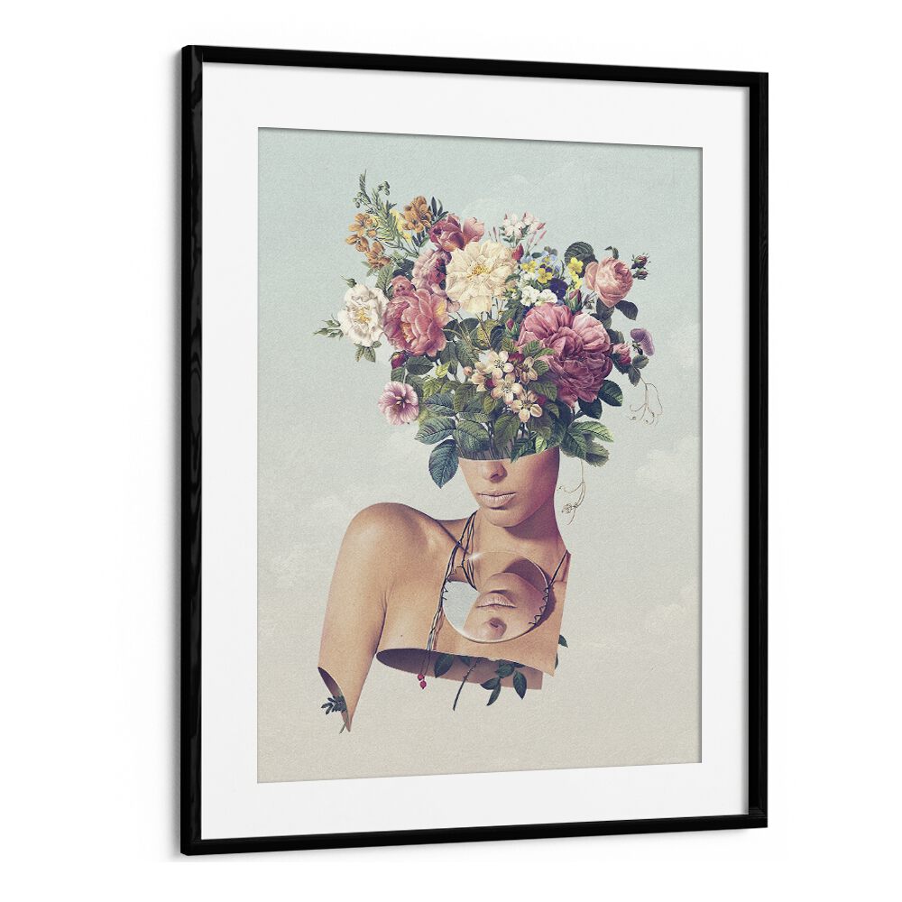 FLOWER ISM SURREAL PAINTING, SURREAL ART in a black frame, featuring a woman with a vibrant floral headpiece by Vertigo Artography.