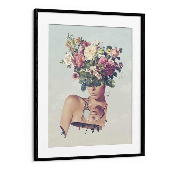 FLOWER ISM SURREAL PAINTING, SURREAL ART in a black frame, featuring a woman with a vibrant floral headpiece by Vertigo Artography.