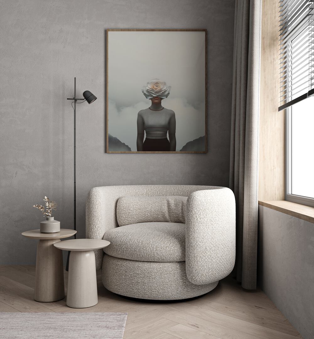 Captivating FLOWER FACE, SURREAL ART PRINTS by Andreas Magnusson adorns a stylish living room, blending nature and imagination.