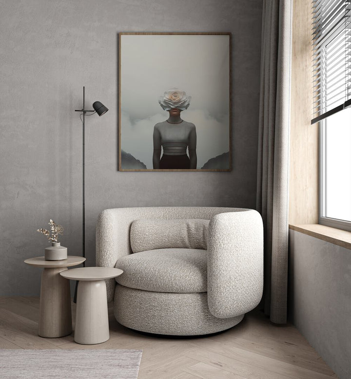 Captivating FLOWER FACE, SURREAL ART PRINTS by Andreas Magnusson adorns a stylish living room, blending nature and imagination.