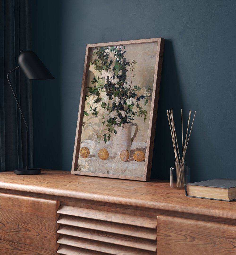 Enhance your decor with FLOWERS AND LEMONS VINTAGE PAINTINGS, a stunning piece by Albéric Coppieters.