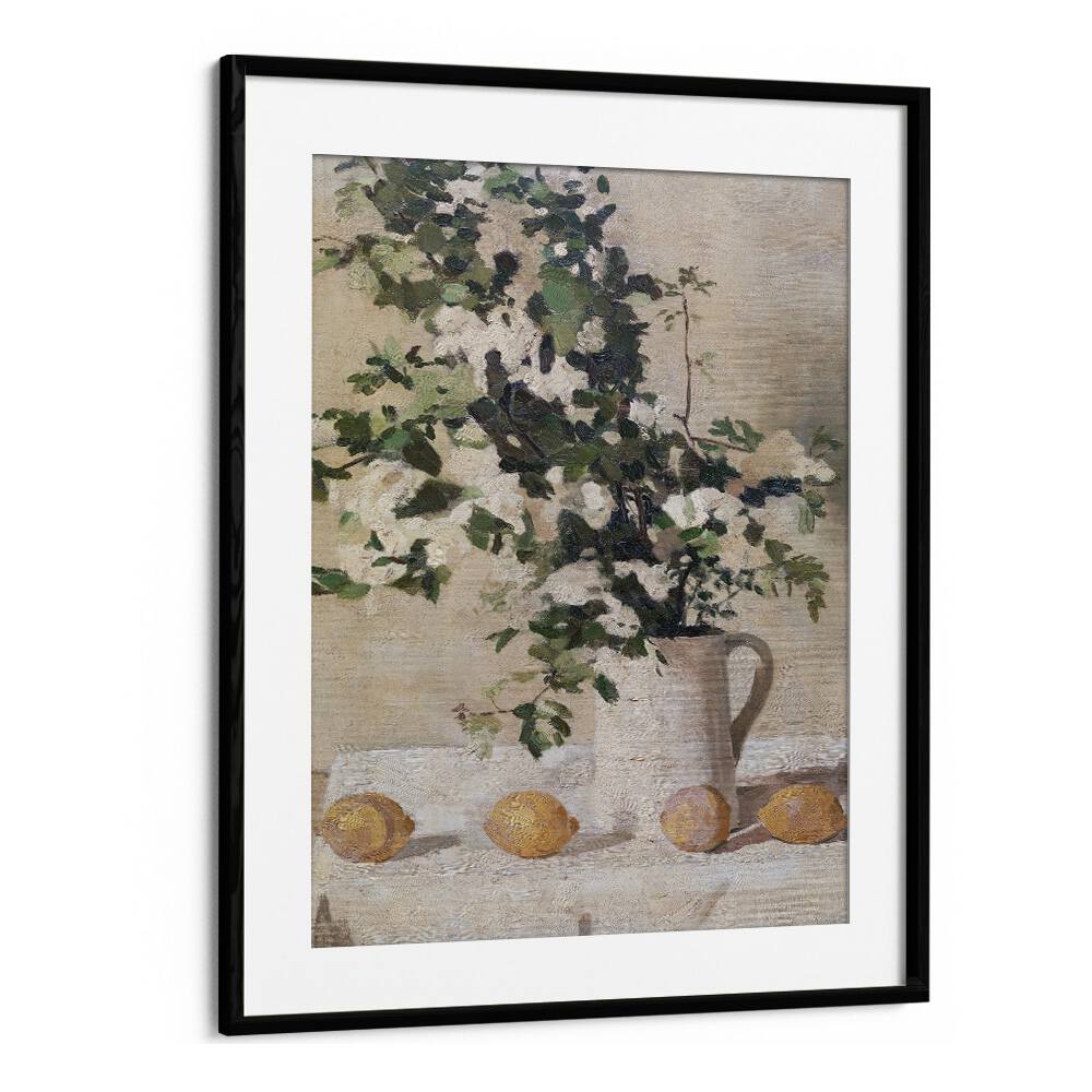 Stunning FLOWERS AND LEMONS VINTAGE PAINTINGS in a black frame, capturing nature's vibrant beauty for your home.