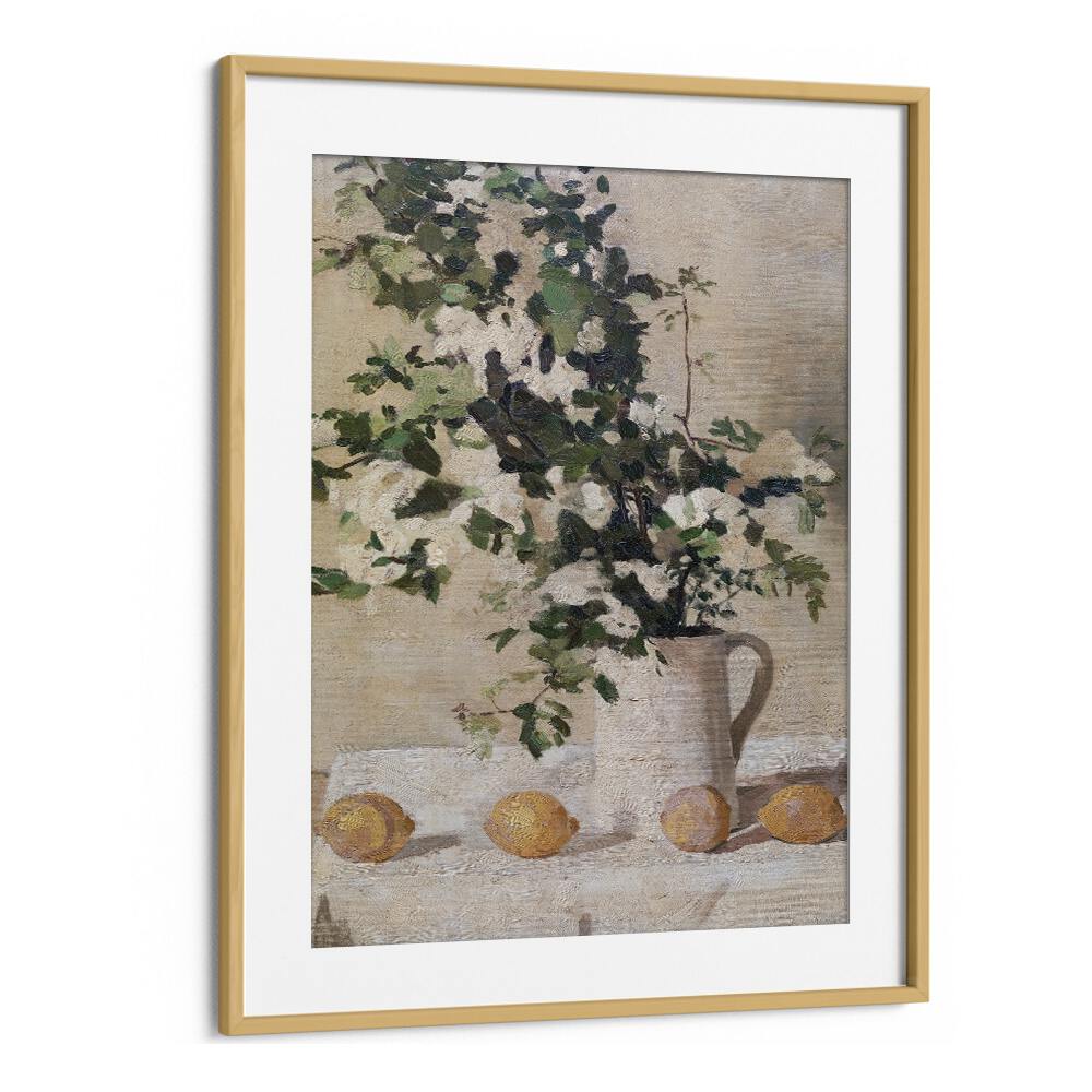 Stunning FLOWERS AND LEMONS VINTAGE PAINTINGS art print in a sleek oak frame, perfect for enhancing your living space.