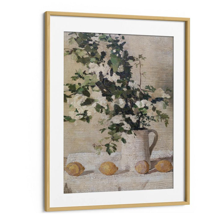 Stunning FLOWERS AND LEMONS VINTAGE PAINTINGS art print in a sleek oak frame, perfect for enhancing your living space.