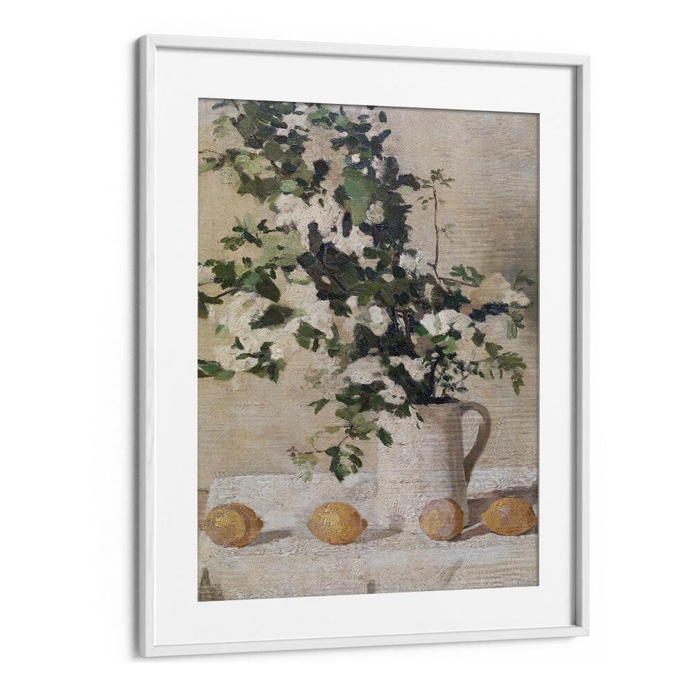 Stunning FLOWERS AND LEMONS VINTAGE PAINTINGS in a white frame, adding elegance to any space with nature's beauty.