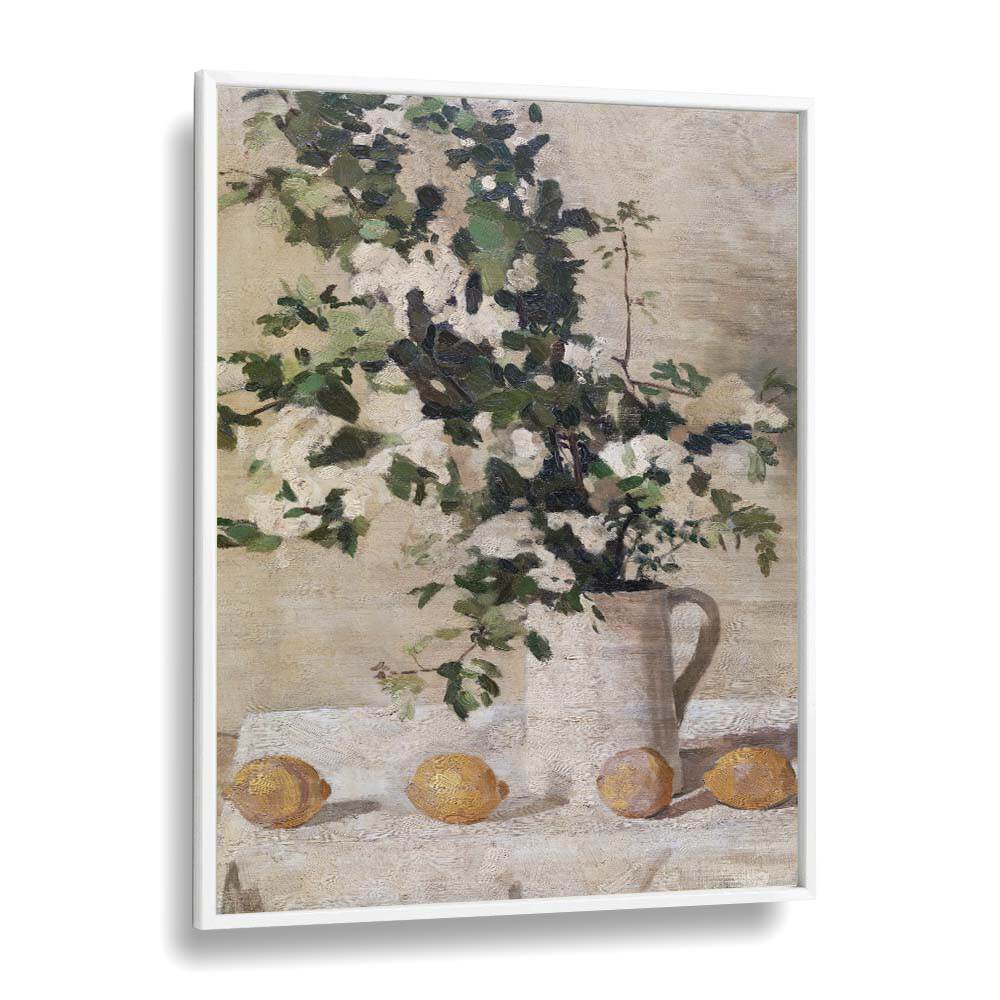 Beautiful FLOWERS AND LEMONS VINTAGE PAINTINGS in a white frame, showcasing vibrant nature by Albéric Coppieters.