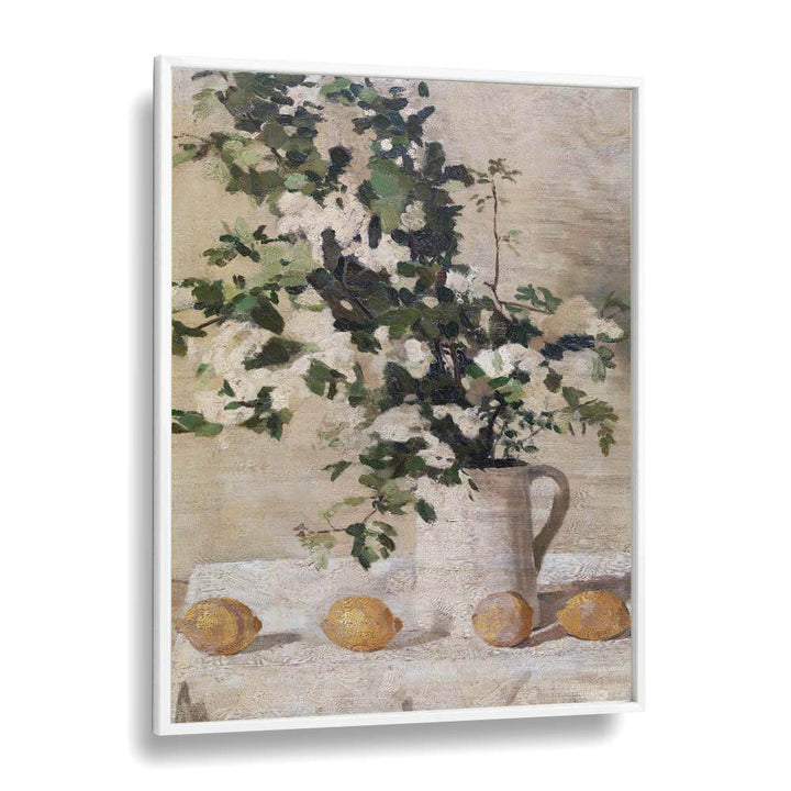 Beautiful FLOWERS AND LEMONS VINTAGE PAINTINGS in a white frame, showcasing vibrant nature by Albéric Coppieters.