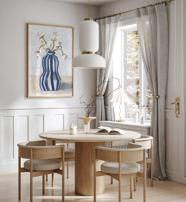 Elegant FLOWERS IN A STRIPED VASE II enhance a modern dining space with a touch of sophistication and nature's beauty.