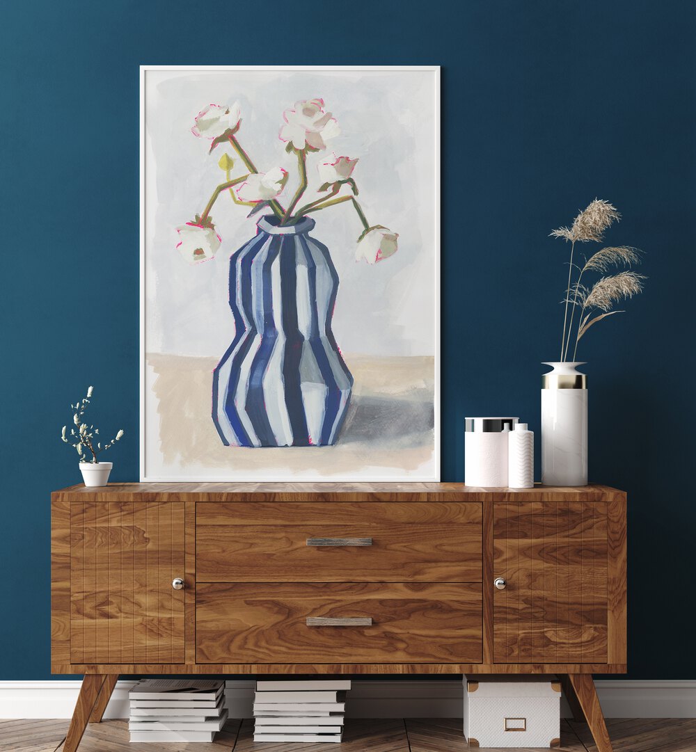 Elegant FLOWERS IN A STRIPED VASE II adorn a stylish interior, enhancing modern decor with natural beauty.