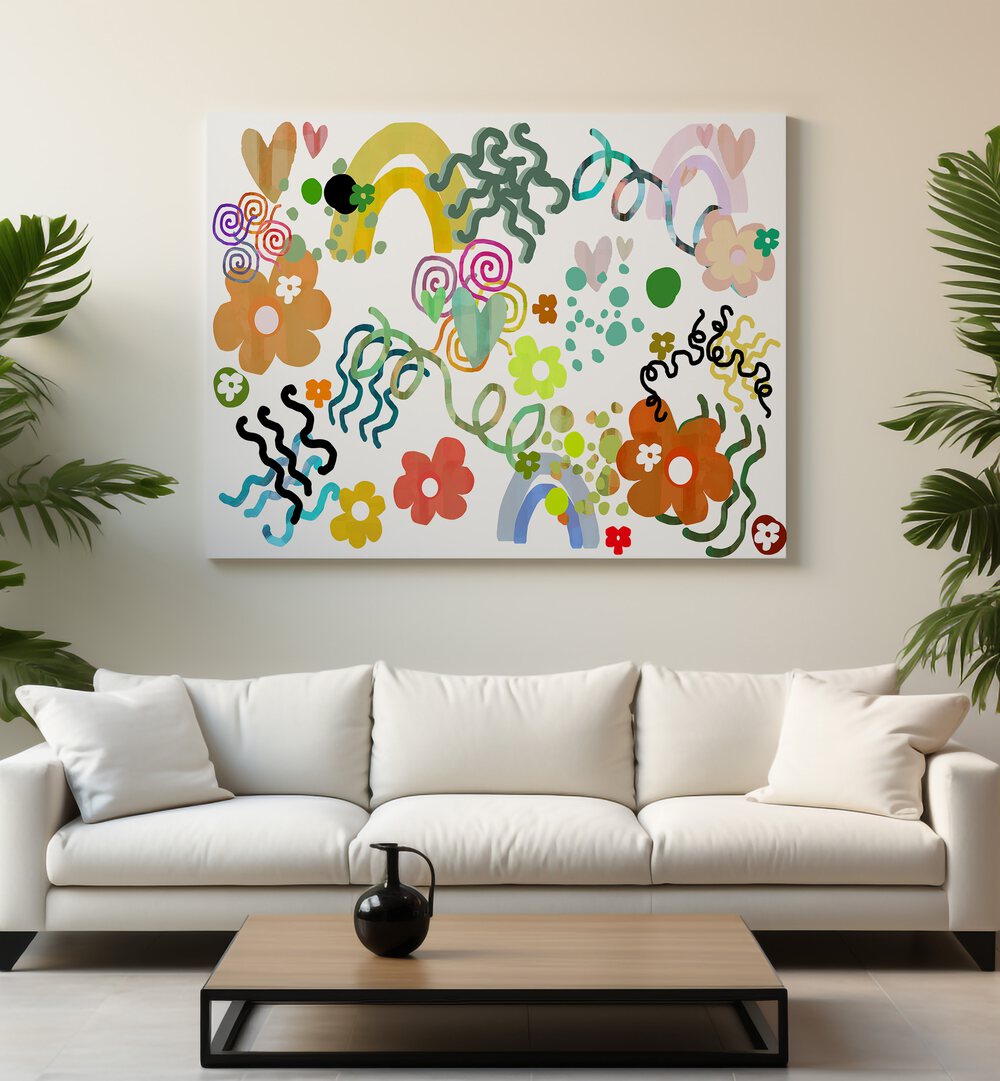 Vibrant FLOWERS LOVE RAINBOWS, FLORAL FLOWER PAINTINGS mural, brightening any space with colorful blooms and rainbows.