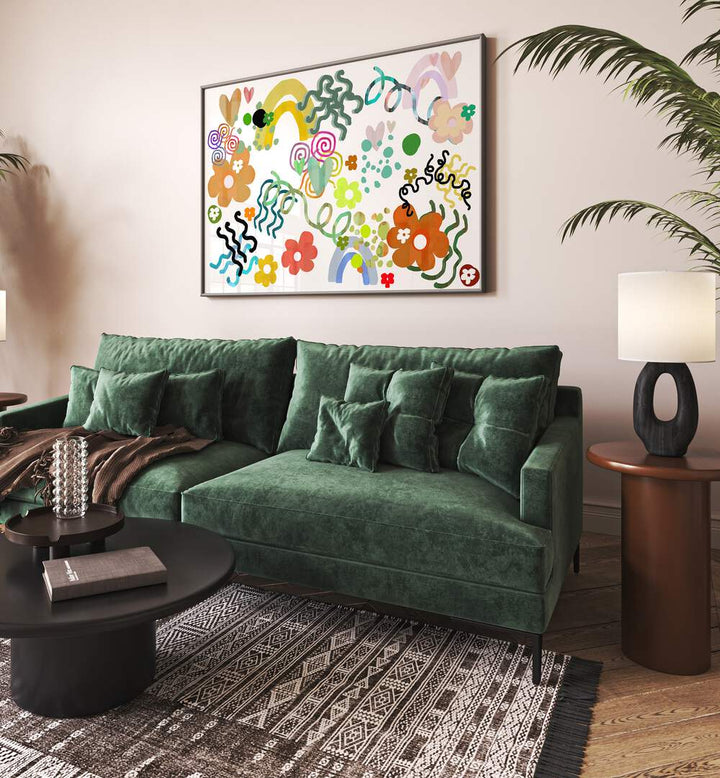 Bright and colorful FLOWERS LOVE RAINBOWS, FLORAL FLOWER PAINTINGS mural enhancing a stylish living room space.