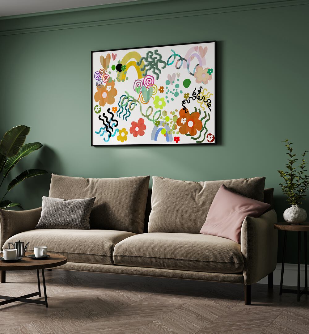 Bright floral mural featuring vibrant colors and whimsical designs, perfect for FLOWERS LOVE RAINBOWS, FLORAL FLOWER PAINTINGS.