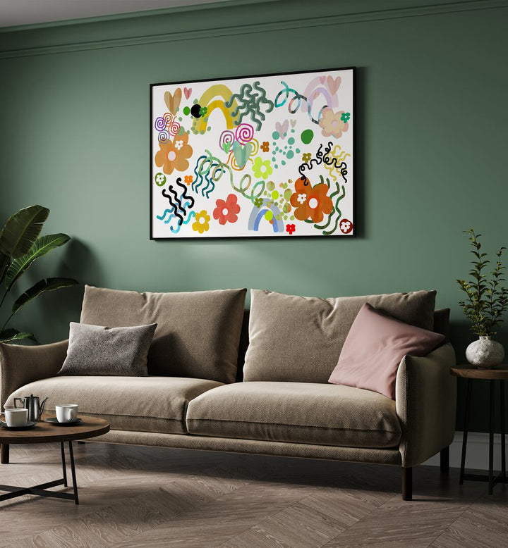 Bright floral mural featuring vibrant colors and whimsical designs, perfect for FLOWERS LOVE RAINBOWS, FLORAL FLOWER PAINTINGS.