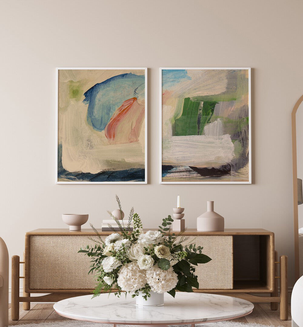 Transform your space with the FLOWSTATE SET, SET OF 2 PAINTINGS, featuring calming abstract designs and soft hues.