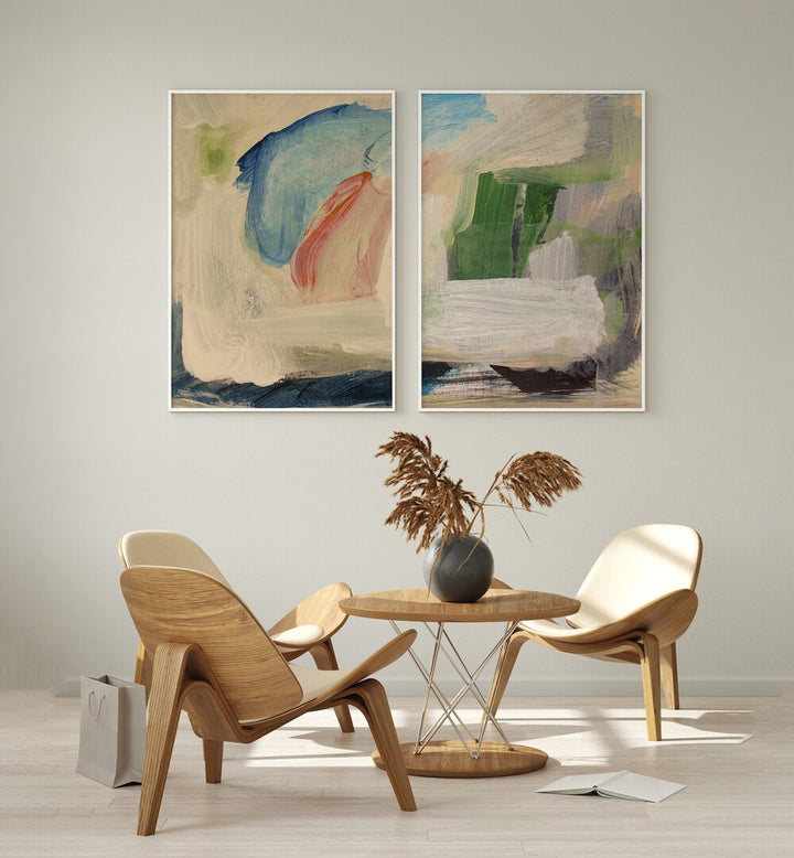 Transform your space with the FLOWSTATE SET, SET OF 2 PAINTINGS, featuring calming hues and fluid abstract designs.