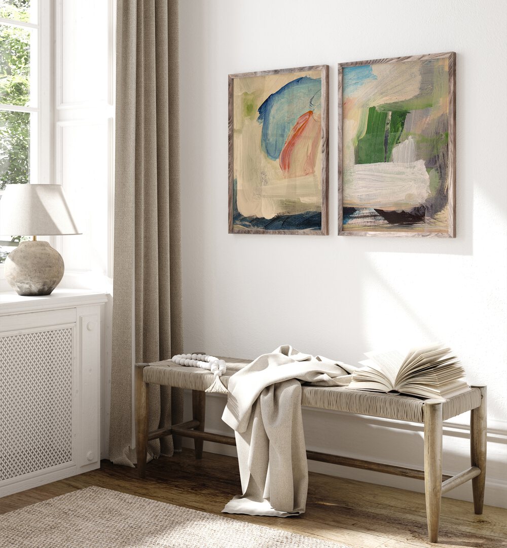 Enhance your decor with the FLOWSTATE SET, SET OF 2 PAINTINGS, showcasing calming abstract designs in soft hues.