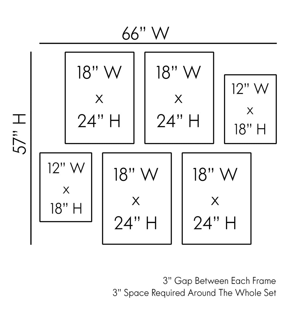 FOOD NATION GALLERY WALL layout showcasing dimensions for perfect gallery walls in a cozy pink living room.