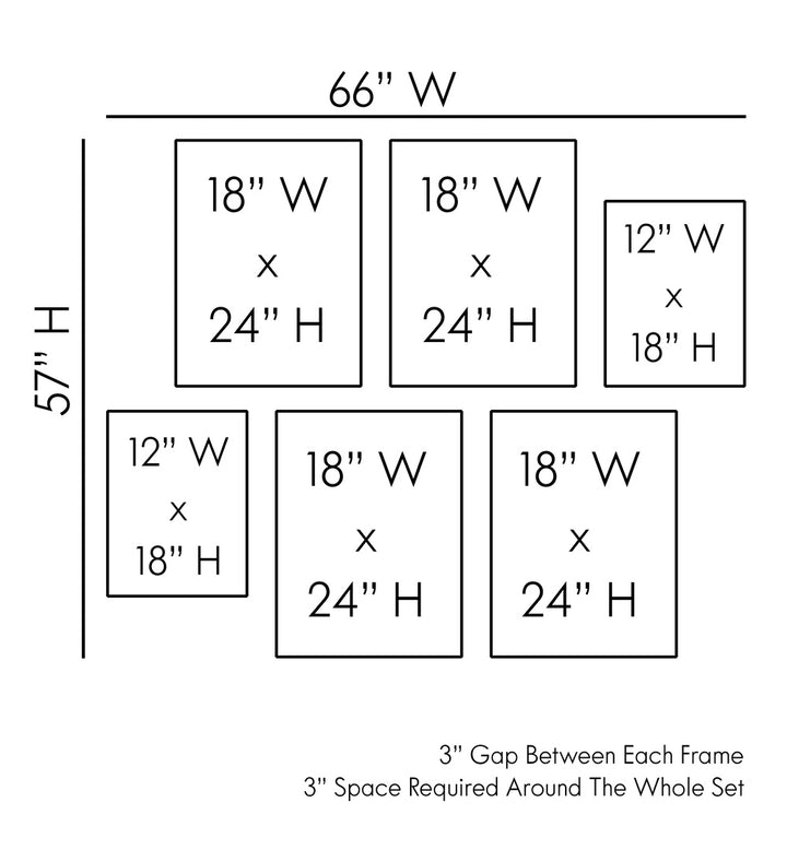 FOOD NATION GALLERY WALL layout showcasing dimensions for perfect gallery walls in a cozy pink living room.