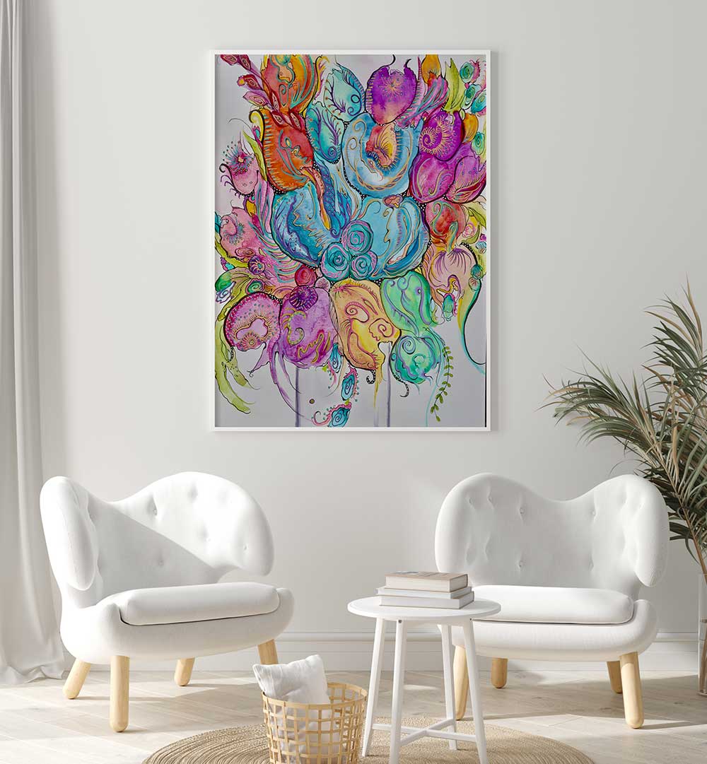 Bright and colorful FORCES OF NATURE, FLORAL FLOWER PAINTINGS enhancing a modern living room's elegance and tranquility.