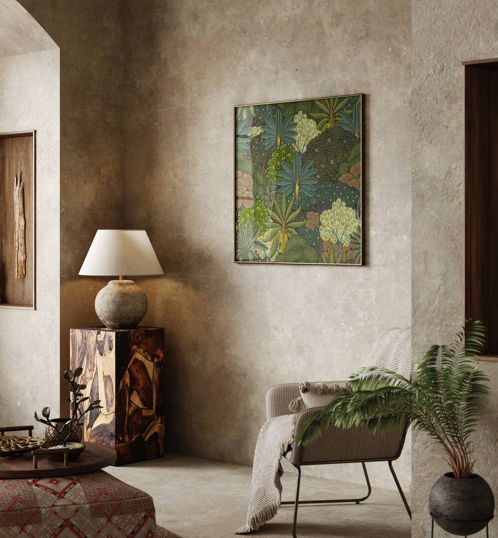 Forest Pichwai - Indian Miniature, Floral Flower Paintings adorn a stylish interior, showcasing vibrant botanical art.