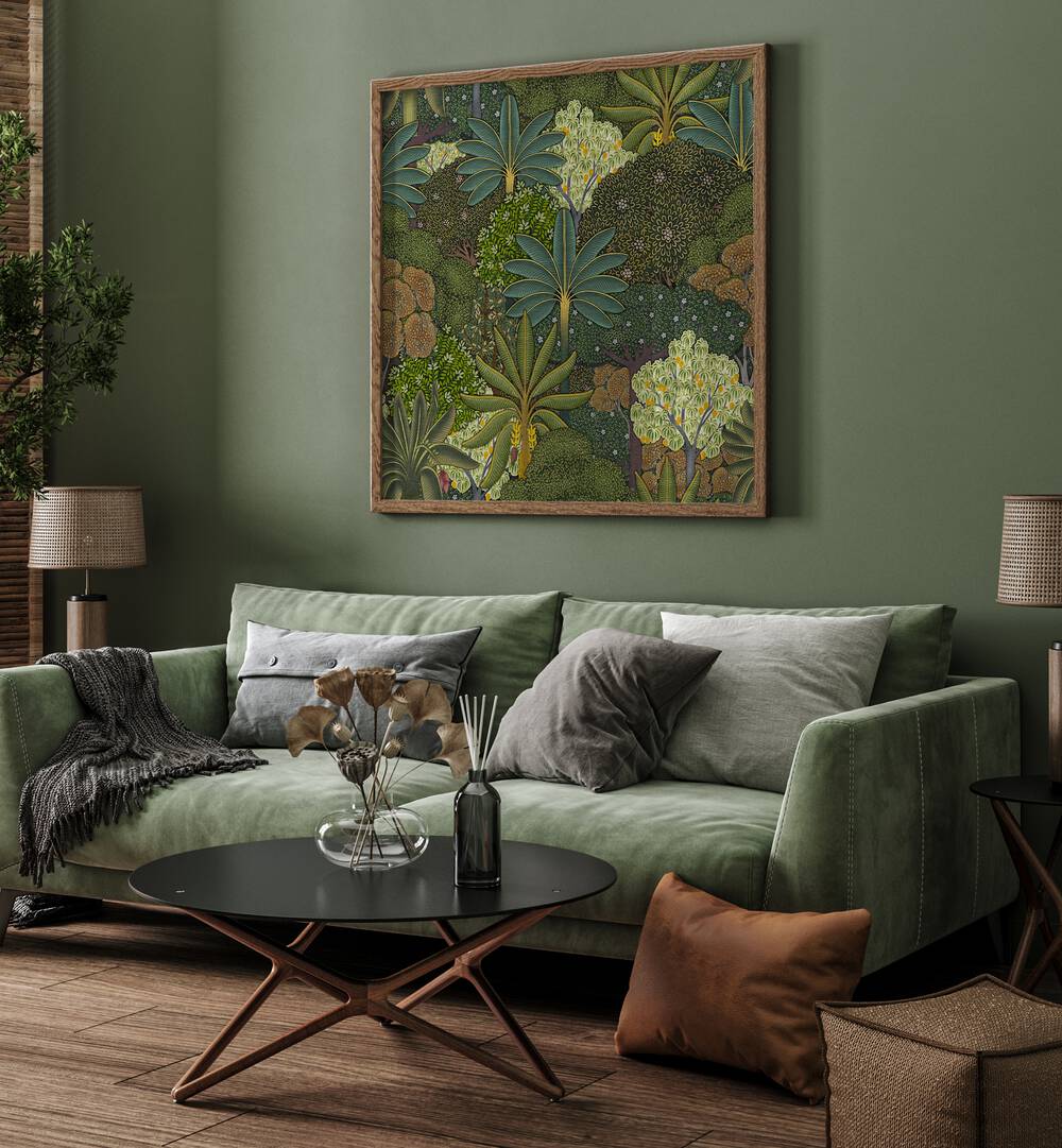 Stylish living room featuring FOREST PICHWAI - INDIAN MINIATURE, FLORAL FLOWER PAINTINGS, blending tradition and beauty.
