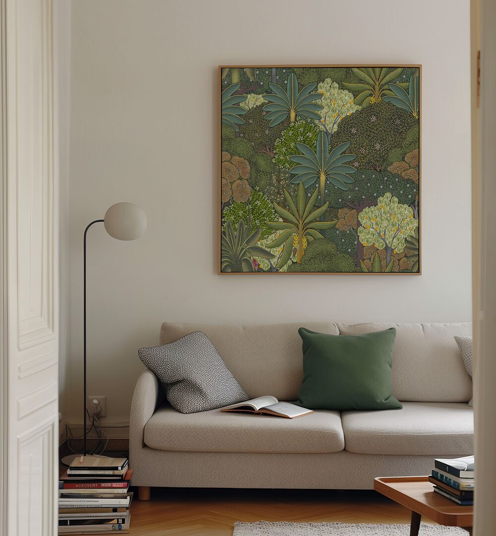 Forest Pichwai - Indian Miniature, floral flower paintings, showcasing vibrant botanical art in a cozy living space.