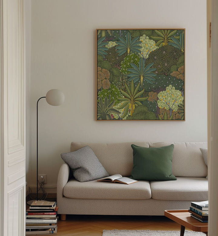 Forest Pichwai - Indian Miniature, floral flower paintings, showcasing vibrant botanical art in a cozy living space.