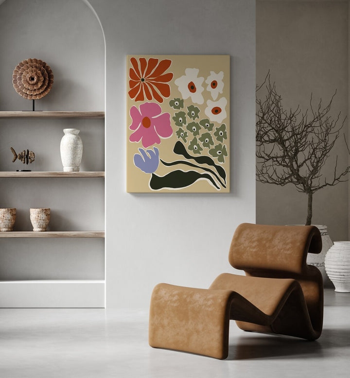 Fragile Botanic, Botanical Art Paintings Artwork in Gallery Wrap
placed on a White Colored Wall
near a Brown Resting Chair 
in the Drawing Room