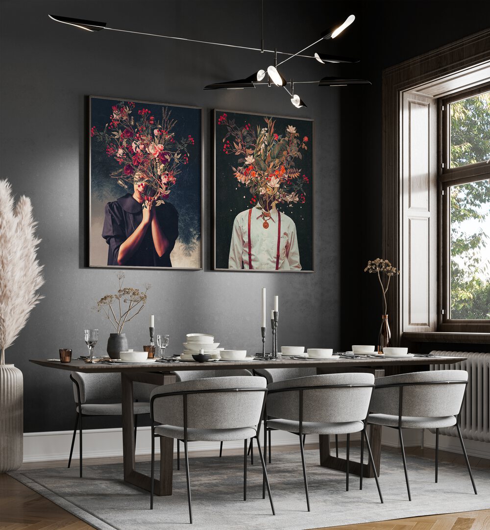 Enhance your space with the FRANK MOTH SET, SET OF 2 PAINTINGS, blending surrealism and botanical beauty.