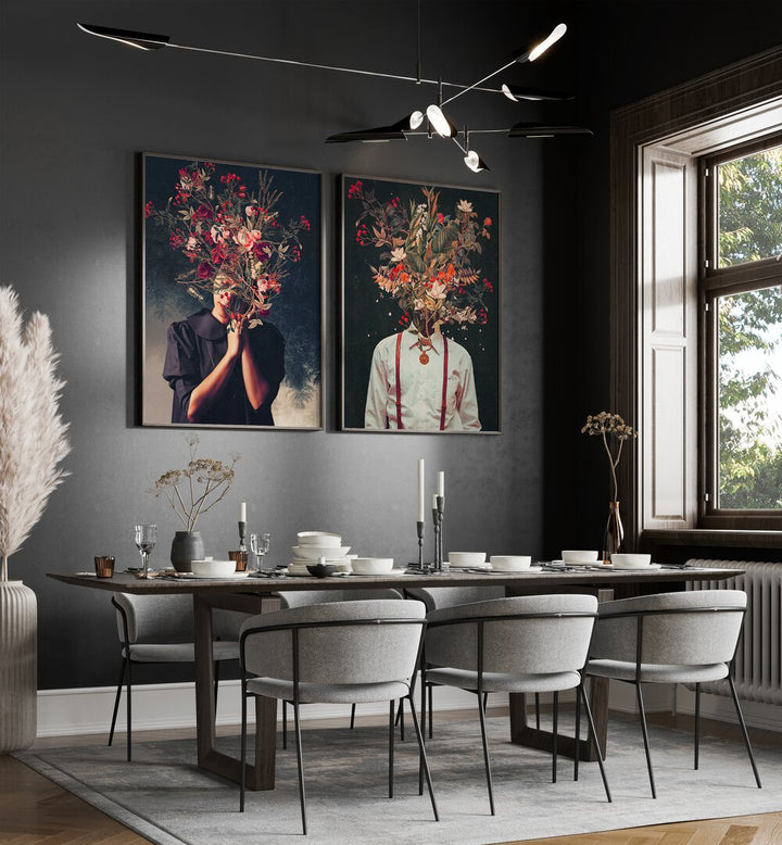 Enhance your space with the FRANK MOTH SET, SET OF 2 PAINTINGS, blending surrealism and botanical beauty.