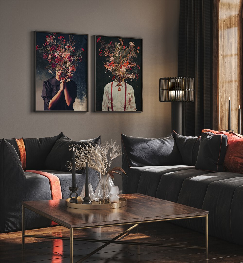 Elevate your space with the FRANK MOTH SET, SET OF 2 PAINTINGS, blending surrealism and botanical beauty.