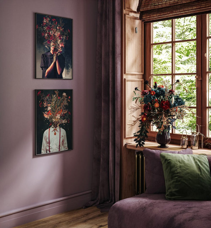 Elegant FRANK MOTH SET, SET OF 2 PAINTINGS, showcasing surreal botanical art to enhance any living space.