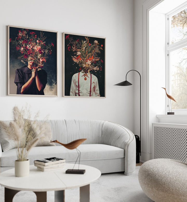 Elevate your decor with the FRANK MOTH SET, SET OF 2 PAINTINGS, blending surrealism and botany beautifully.