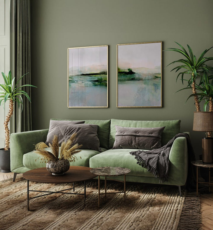 Enhance your home with the FRESCA ABSTRACT SET, SET OF 2 PAINTINGS featuring soft pastels and vibrant greens.