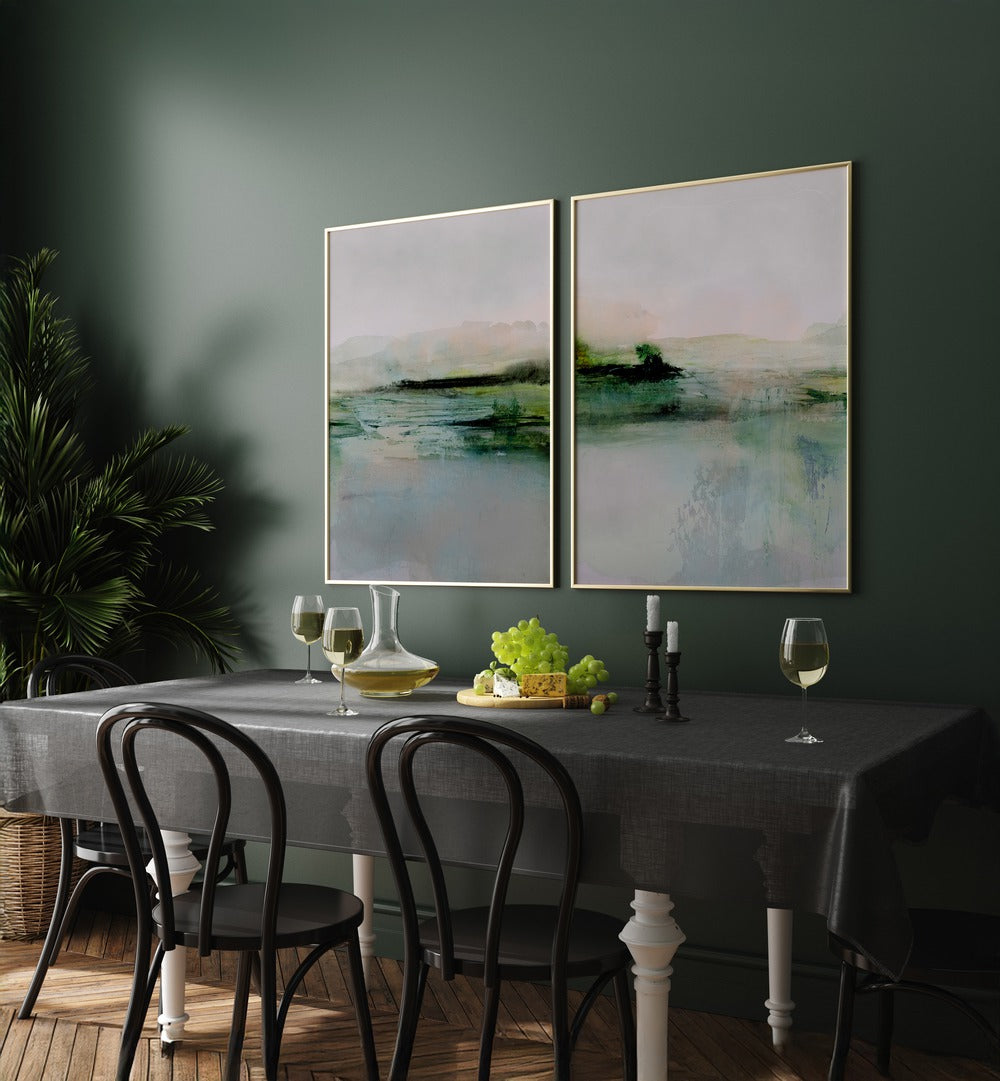 Enhance your decor with the FRESCA ABSTRACT SET, SET OF 2 PAINTINGS featuring soft pastels and vibrant greens.