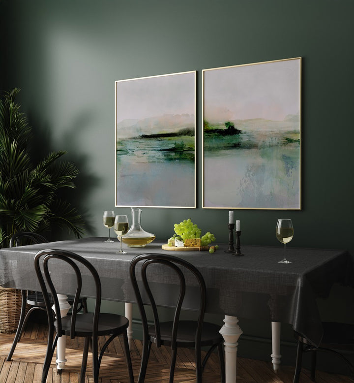 Enhance your decor with the FRESCA ABSTRACT SET, SET OF 2 PAINTINGS featuring soft pastels and vibrant greens.