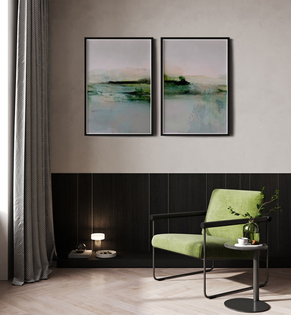 Enhance your decor with the FRESCA ABSTRACT SET, SET OF 2 PAINTINGS, featuring soft pastels and vibrant greens.