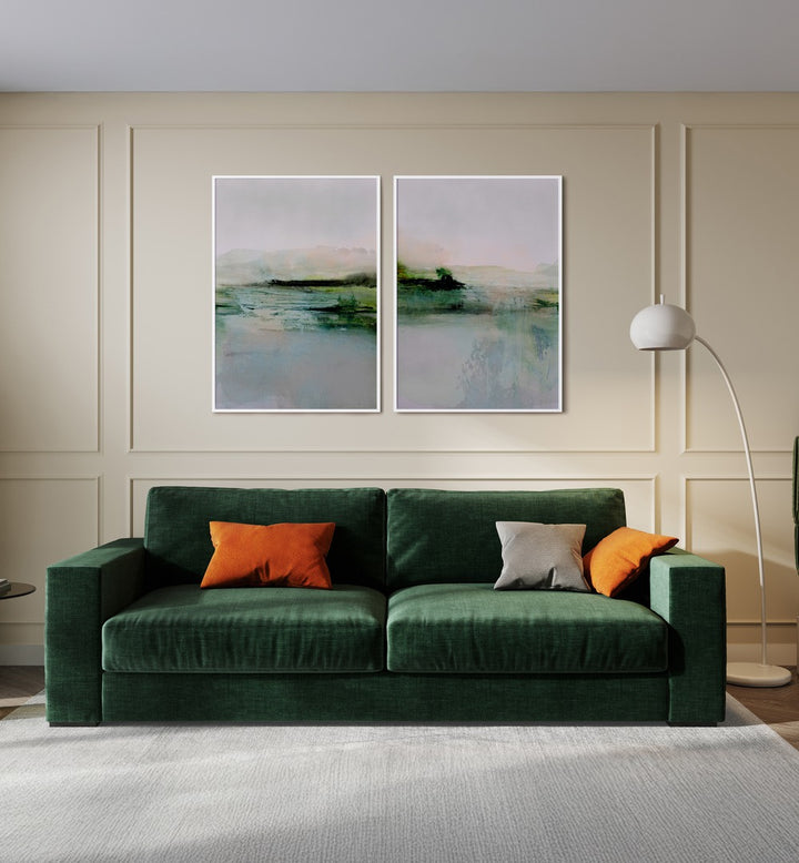 Enhance your decor with the FRESCA ABSTRACT SET, SET OF 2 PAINTINGS featuring soft pastels and vibrant greens.