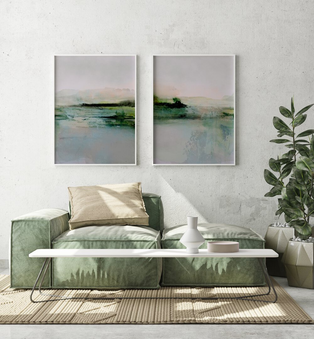 Enhance your space with the FRESCA ABSTRACT SET, SET OF 2 PAINTINGS featuring soft pastels and vibrant greens.