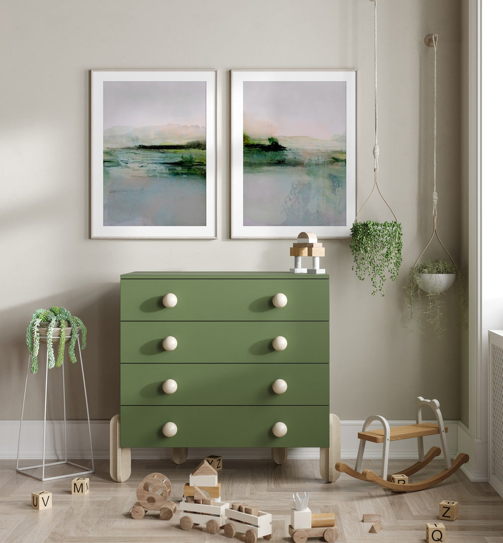 Enhance your decor with the FRESCA ABSTRACT SET, SET OF 2 PAINTINGS featuring vibrant greens and soft pastels.