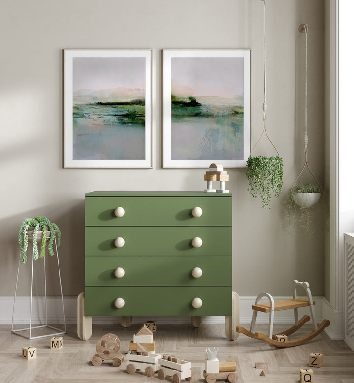 Enhance your decor with the FRESCA ABSTRACT SET, SET OF 2 PAINTINGS featuring vibrant greens and soft pastels.