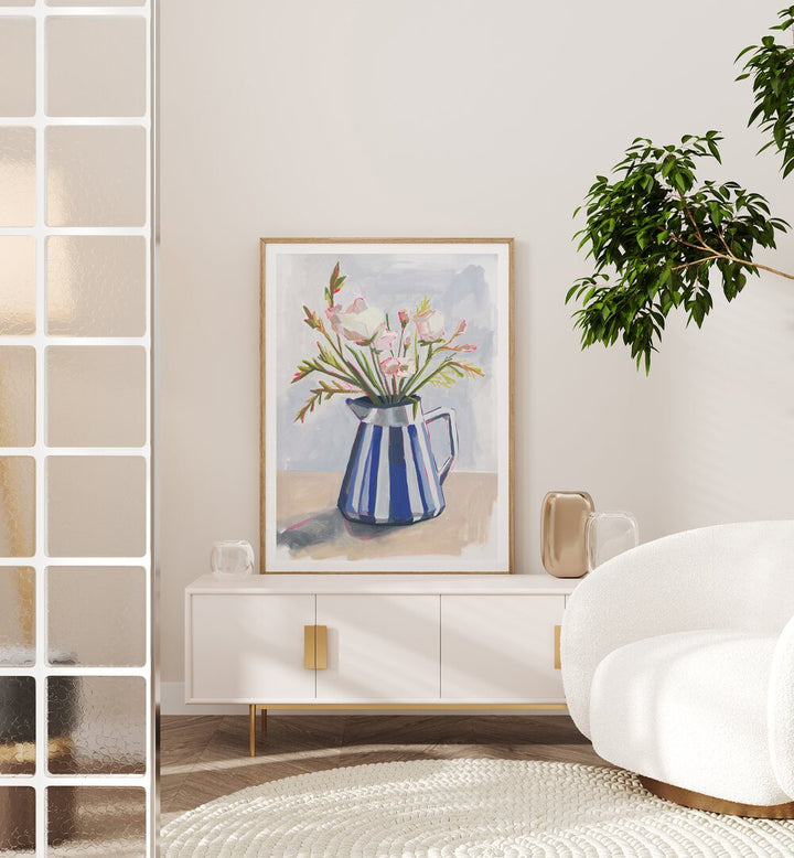 Brighten your home decor with FRESH FLOWERS IN A STRIPED VASE I, a vibrant centerpiece for any living space.