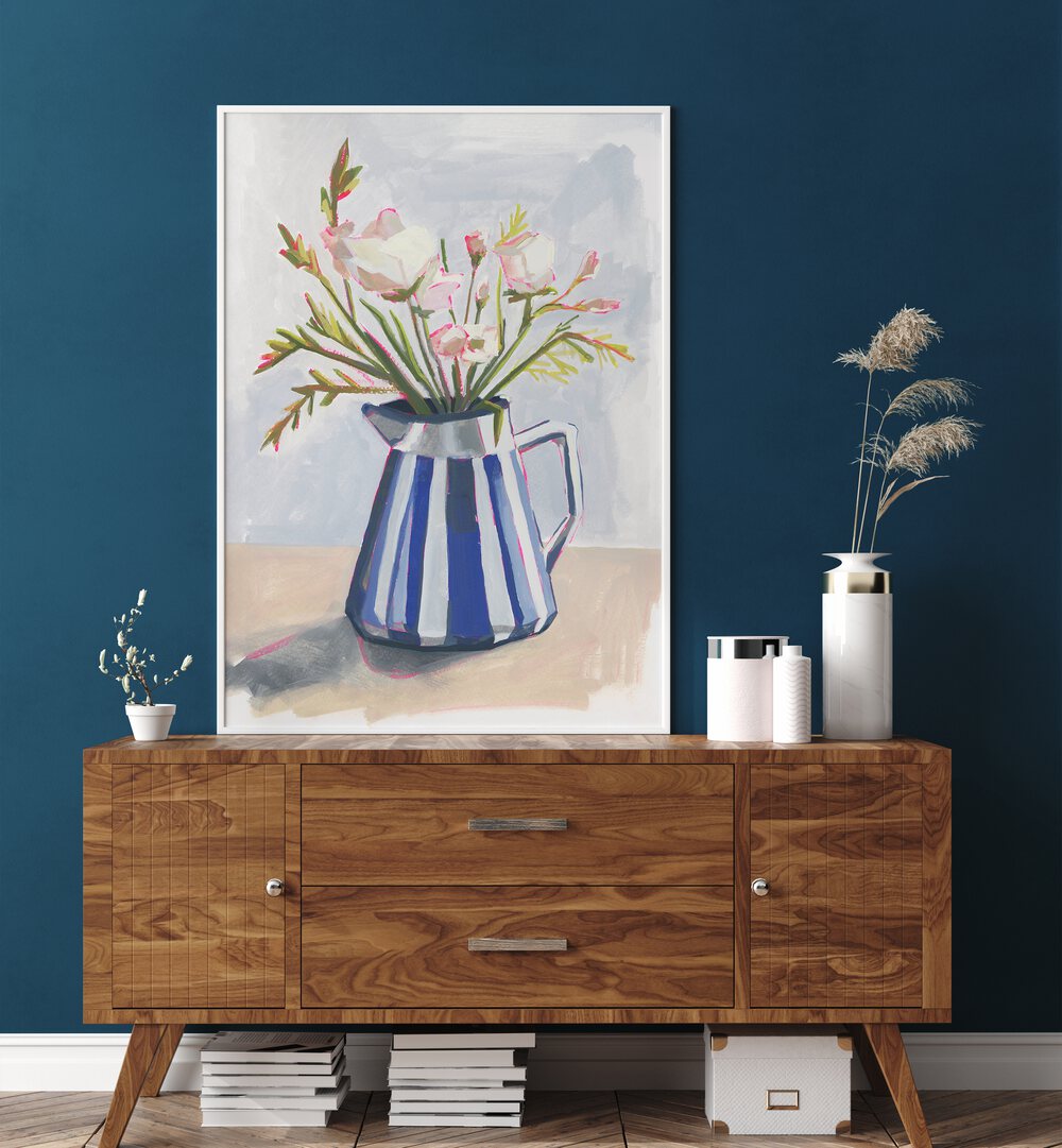 Brighten your home with FRESH FLOWERS IN A STRIPED VASE I, a vibrant centerpiece that adds modern elegance.