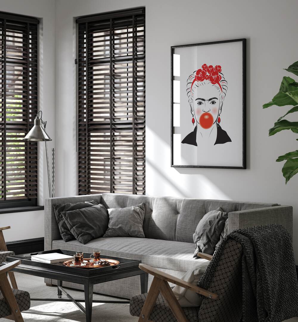 Stylish FRIDA IN RED fashion poster by Martina Fashion Paintings, perfect for elevating any room's aesthetic.